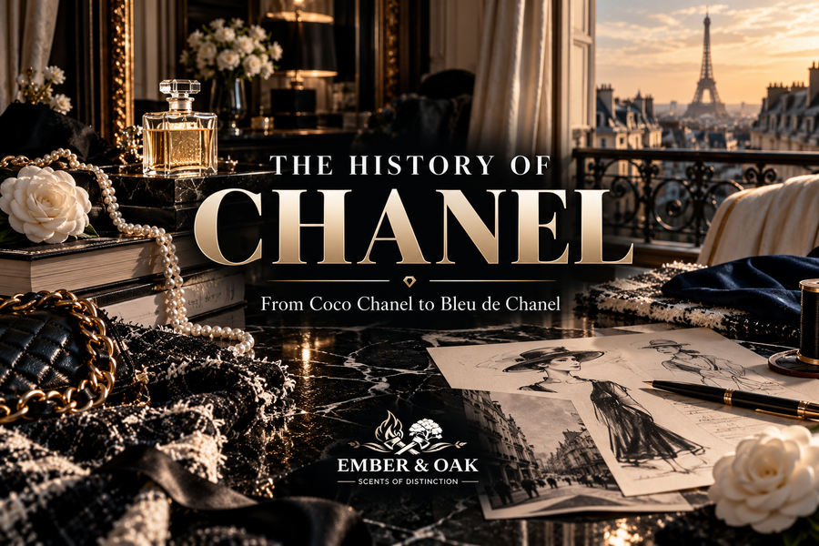 History of Chanel illustration with fashion sketches, pearls, perfume bottles and a Paris view.