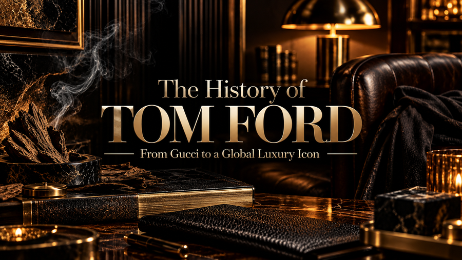 History of Tom Ford graphic set in a warmly lit room with leather seating, books and a fragrance bottle.