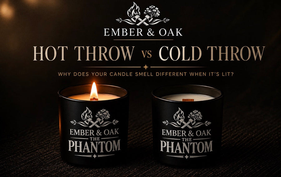 Hot throw versus cold throw graphic showing a lit and an unlit The Phantom candle.