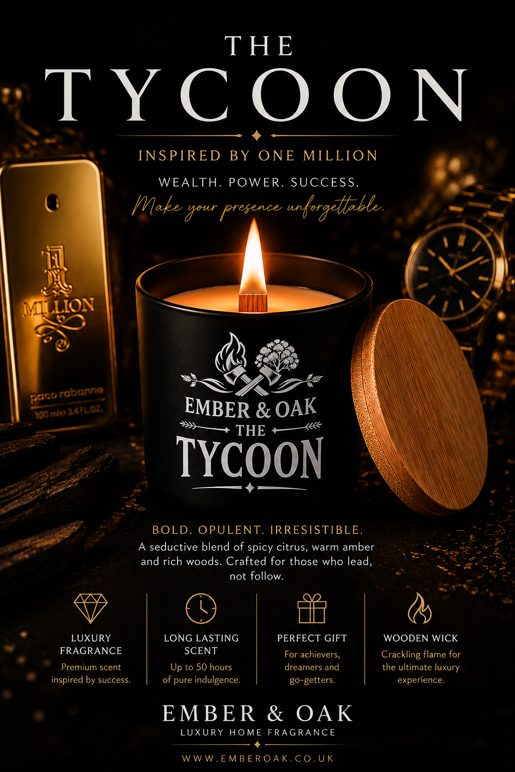 The Tycoon candle inspired by 1 Million showing fragrance inspiration and product details