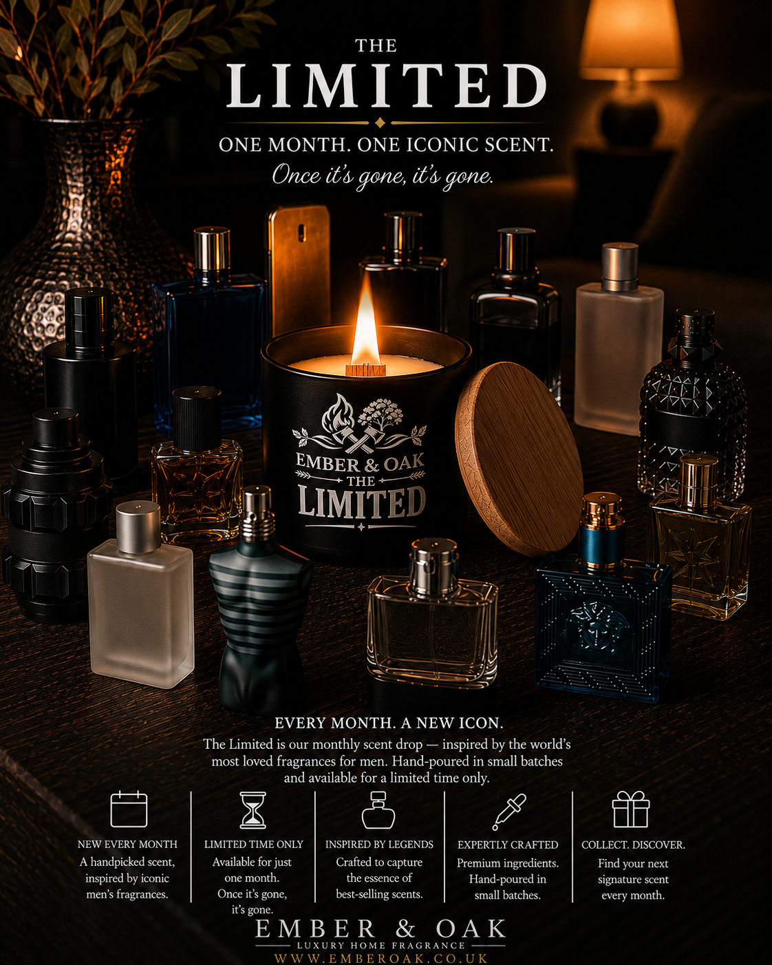 The Limited monthly exclusive candle showing fragrance details and Ember & Oak branding