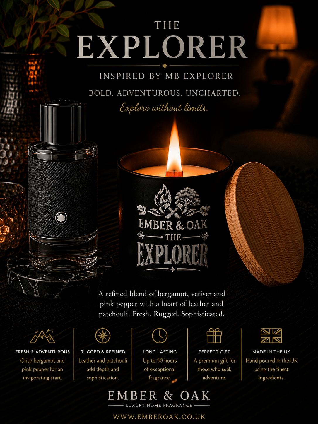 The Explorer candle inspired by Montblanc Explorer showing fragrance inspiration and product details