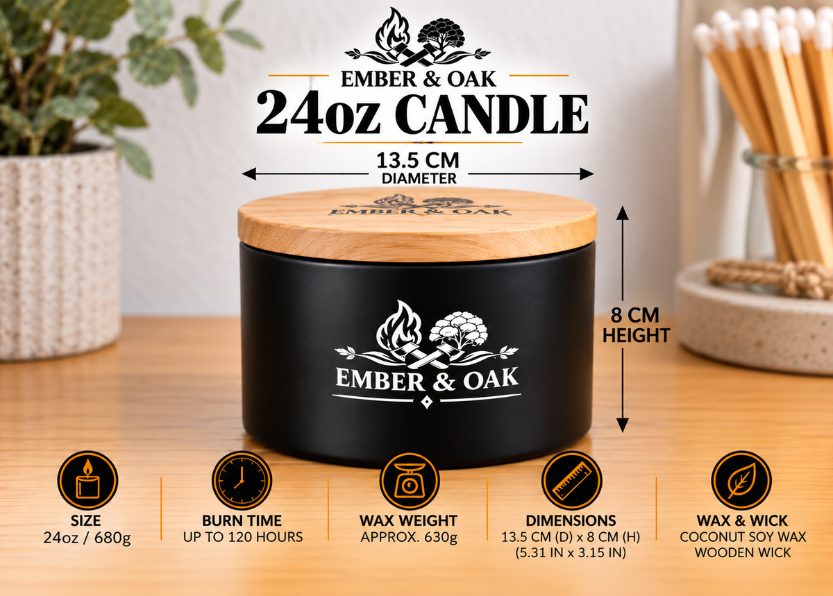 Ember & Oak 24oz luxury scented candle with wooden lid, showing 680g size, 630g approximate wax weight, 13.5cm diameter and 8cm height