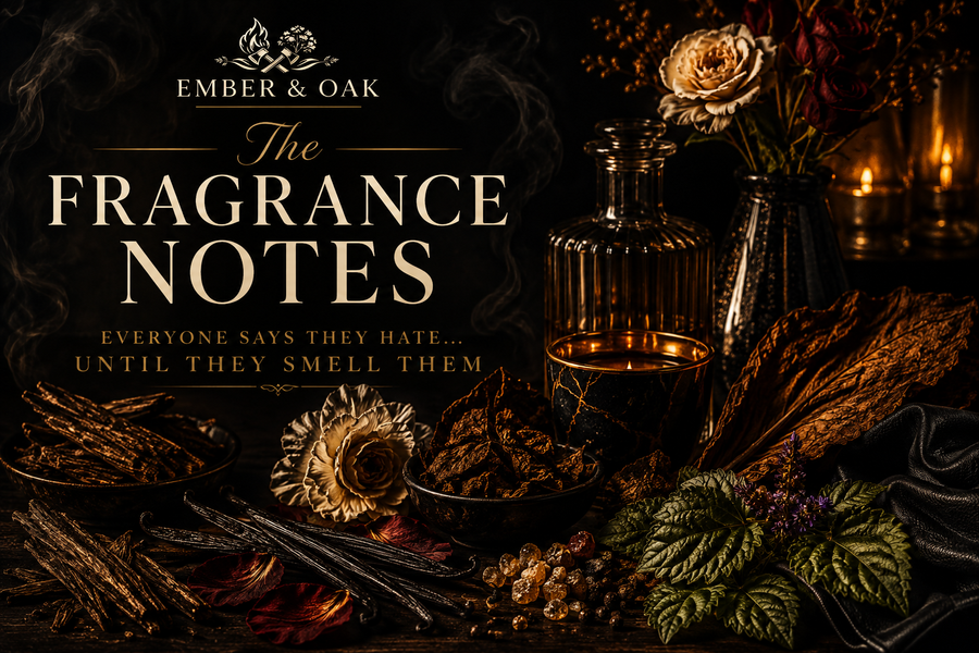 Fragrance notes editorial illustration with a perfume bottle, flowers, spices and dark wood.