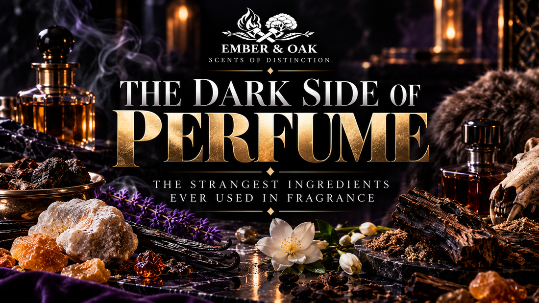 The Dark Side of Perfume illustration with fragrance bottles, resins, flowers and unusual scent ingredients.