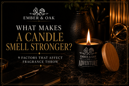 Ember & Oak luxury candle with crackling wooden wick burning in a stylish home