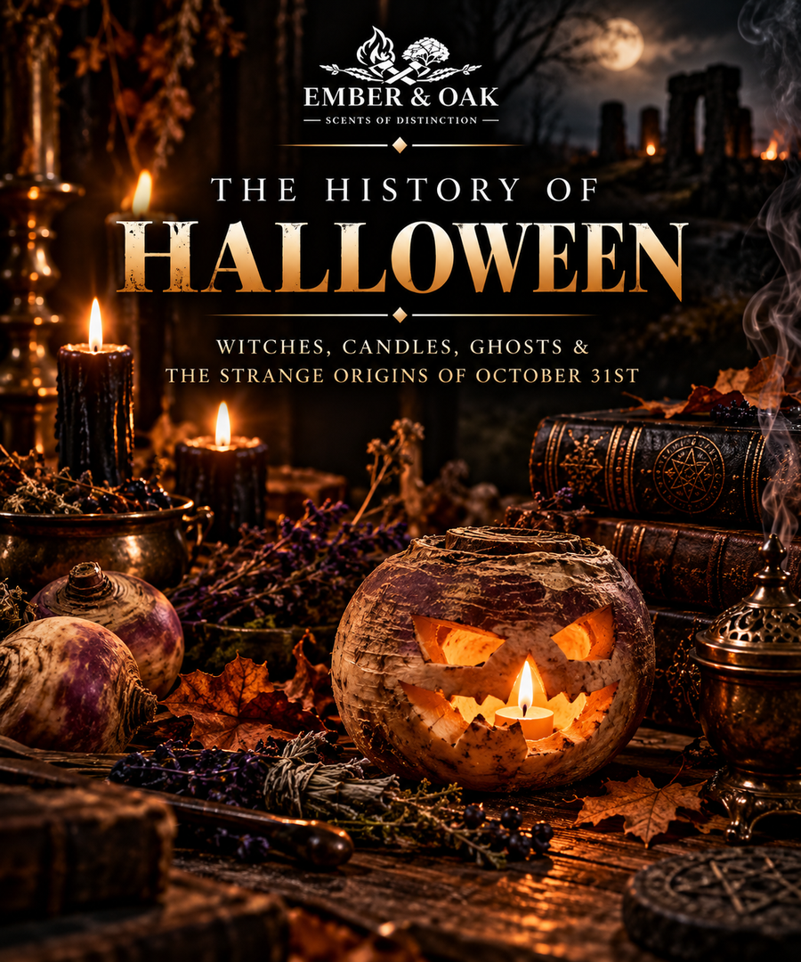 History of Halloween illustration with a glowing jack-o'-lantern, candles, old books and autumn leaves.