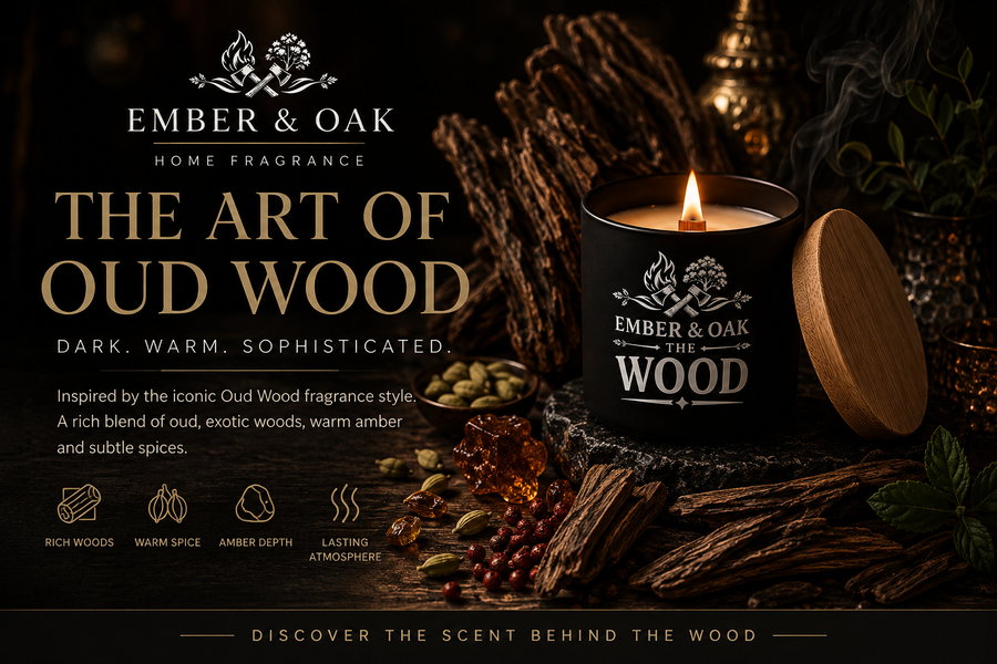 The Wood candle burning among wood and spices beneath The Art of Oud Wood heading.