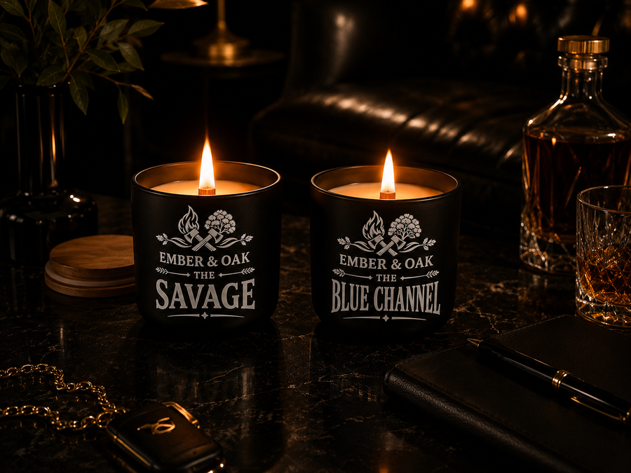 The Savage and The Blue Channel candles burning side by side on a dark table.
