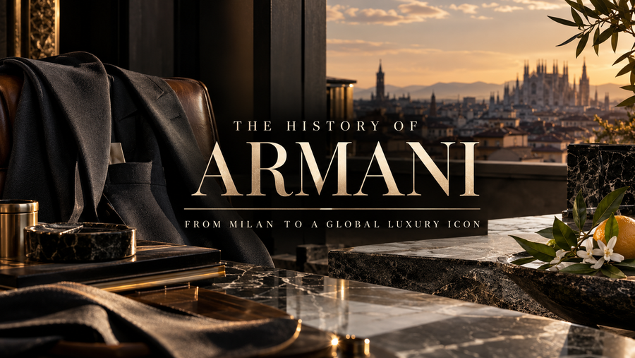 History of Armani illustration with tailored clothing, fragrance bottles and a Milan skyline.