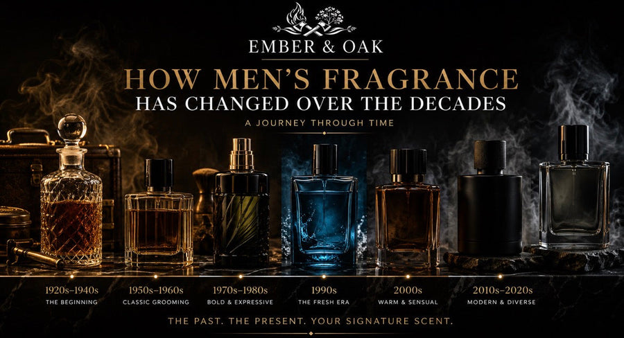 Men's fragrance through the decades graphic showing a row of different perfume bottles.