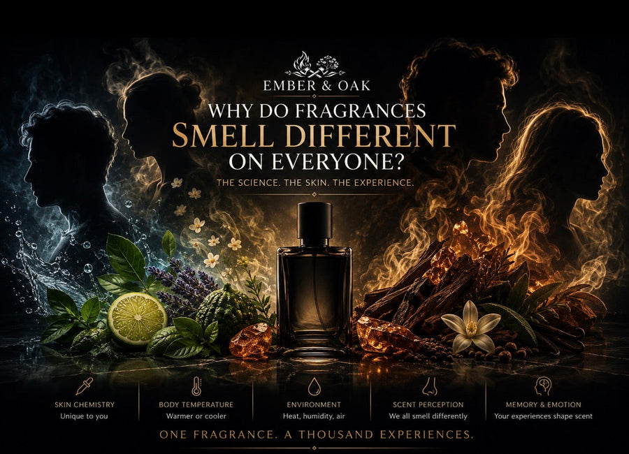 Why fragrances smell different on everyone illustration with silhouetted profiles, a perfume bottle and scent ingredients.