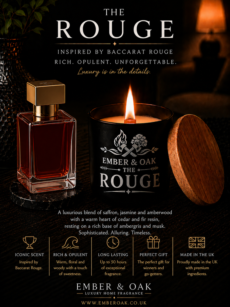 The Rouge candle inspired by Baccarat Rouge showing fragrance inspiration and product details