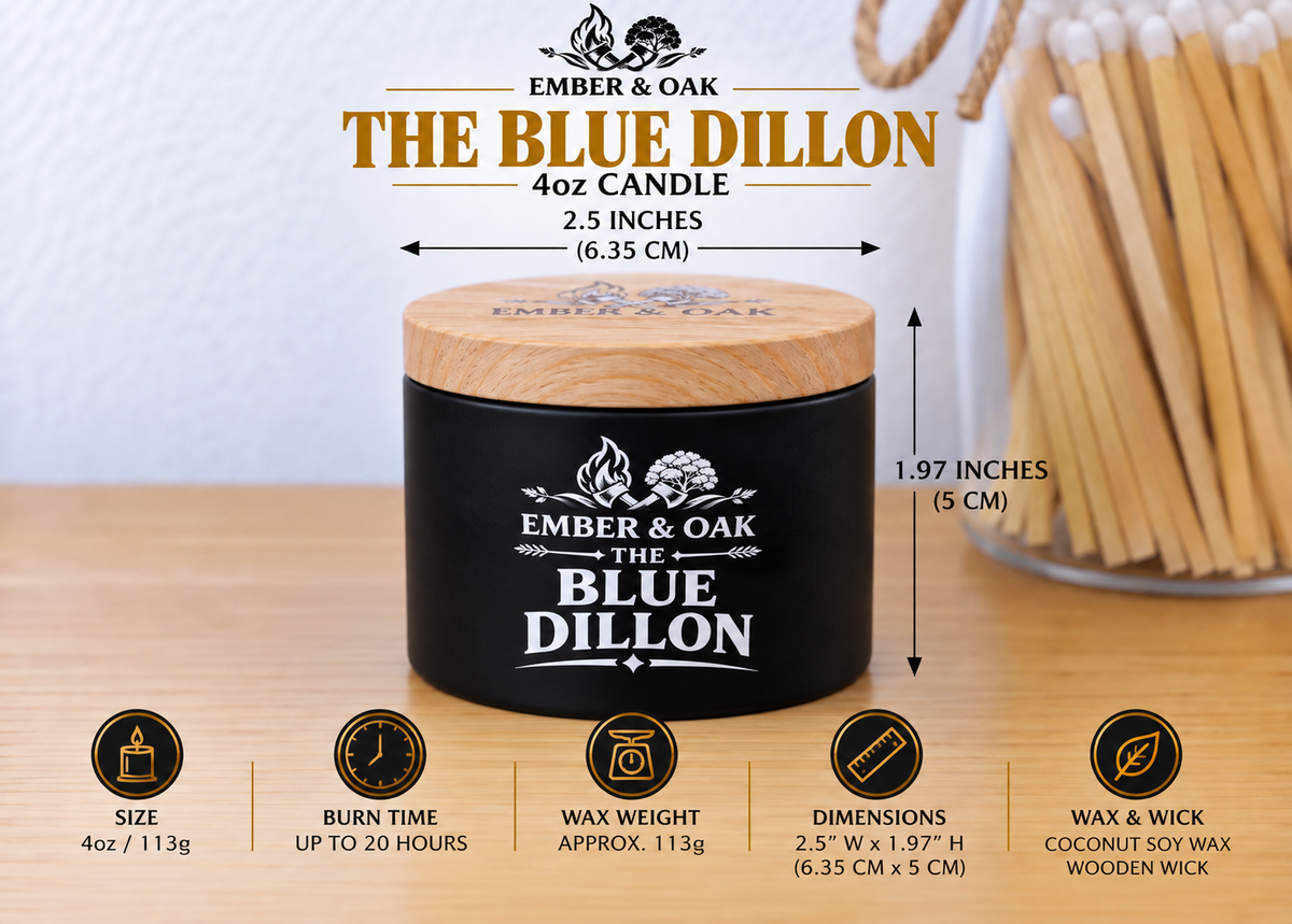     Ember & Oak The Blue Dillon 4oz candle showing dimensions, wax weight and product specifications