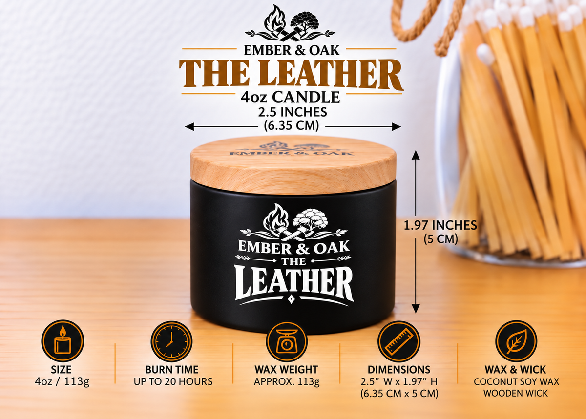 Ember & Oak The Leather 4oz candle showing dimensions, wax weight and product specifications