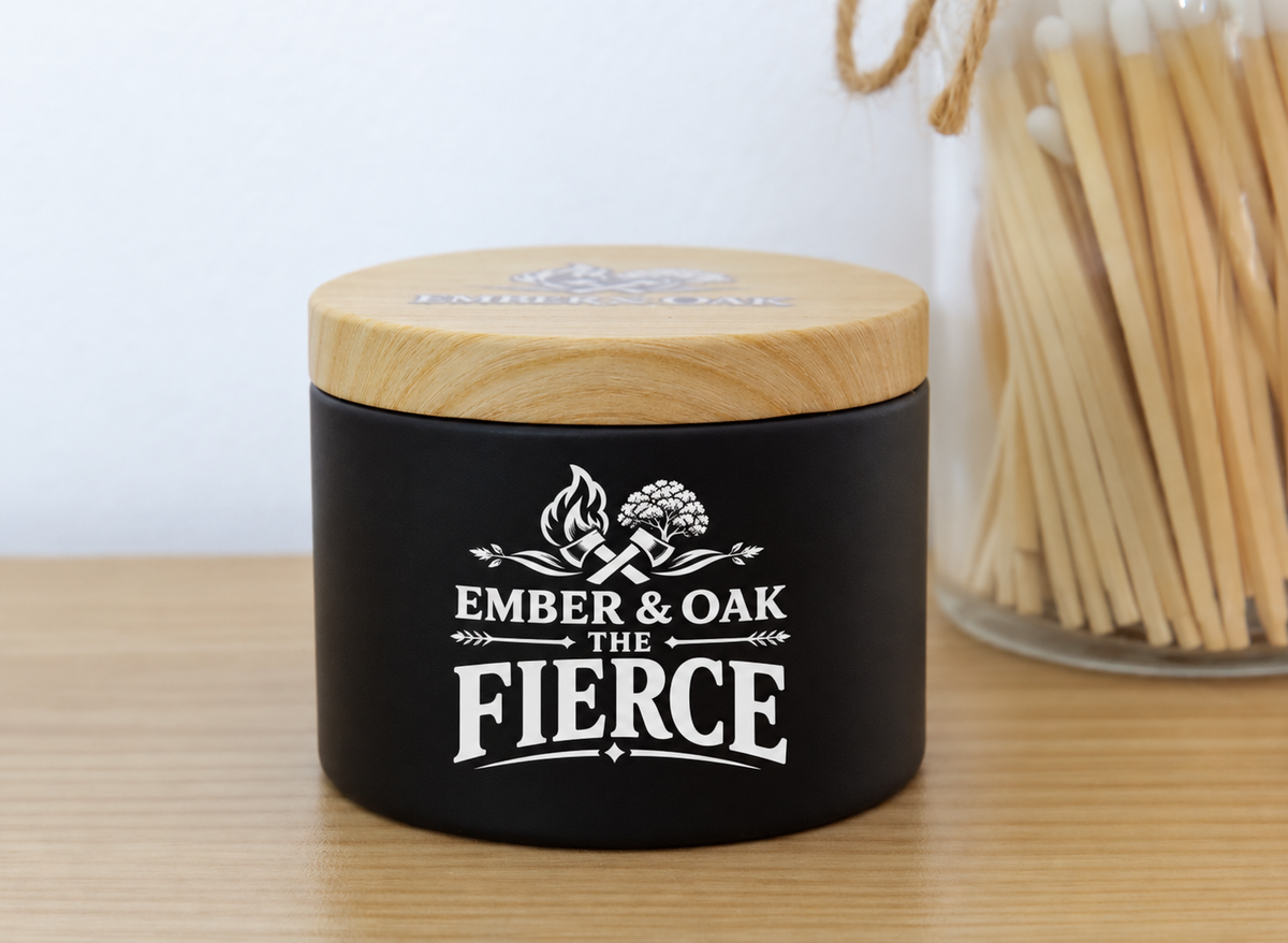     The Fierce 8oz luxury scented candle with wooden lid and Ember & Oak branding