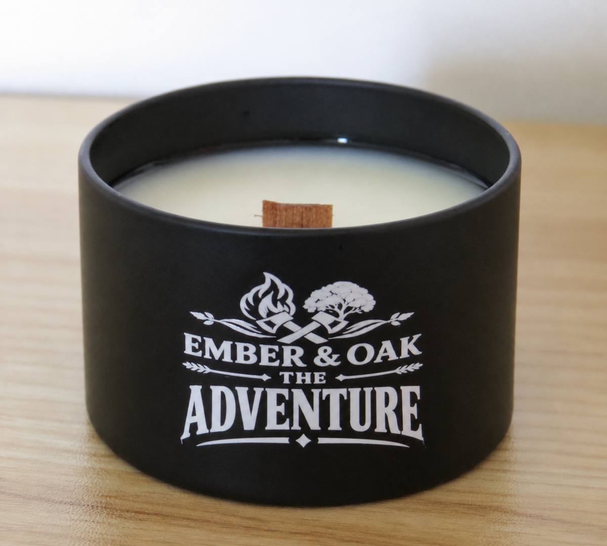 The Adventure 8oz candle showing coconut soy wax and wooden wick