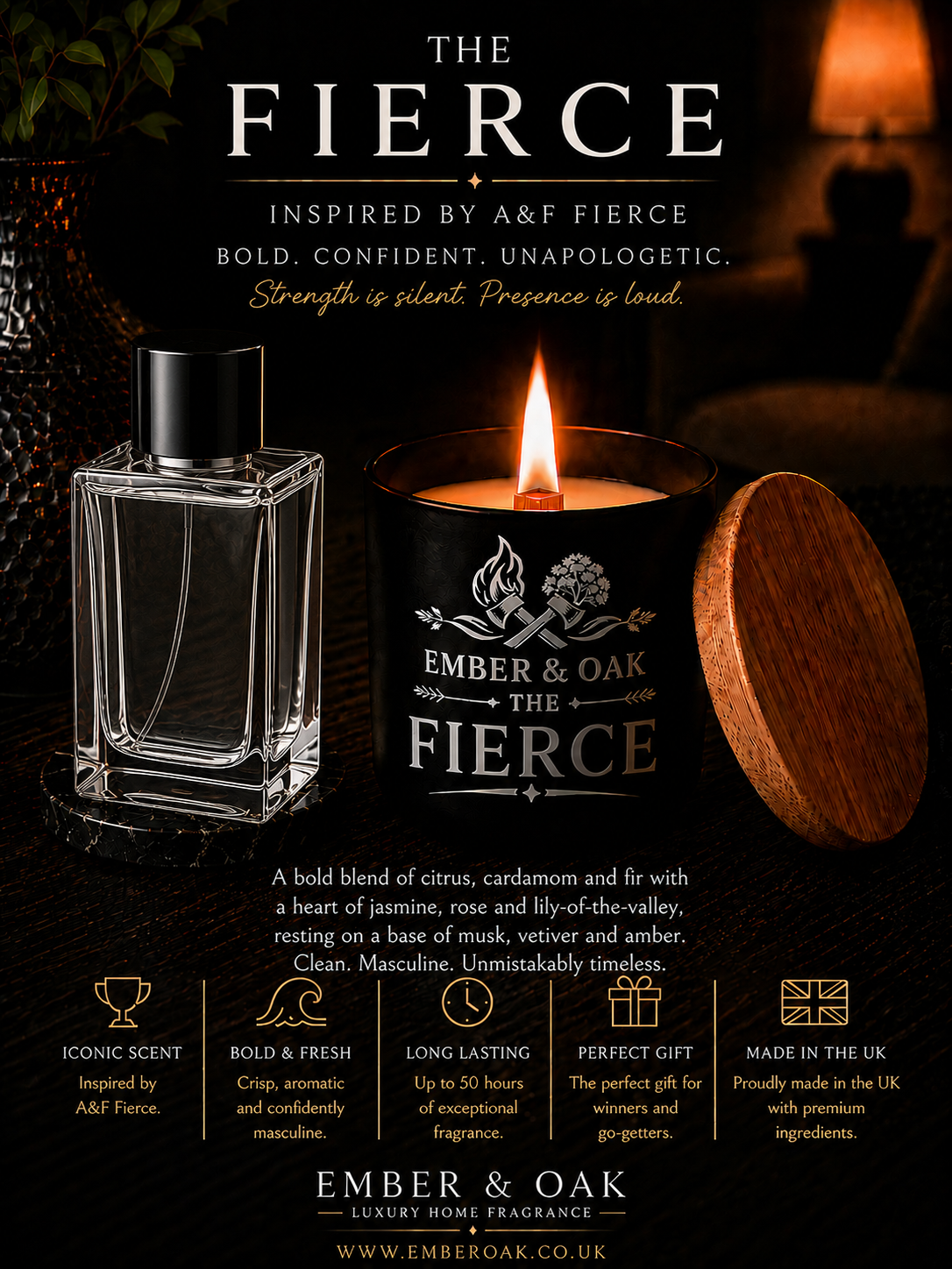 The Fierce candle inspired by Fierce showing fragrance inspiration and product details