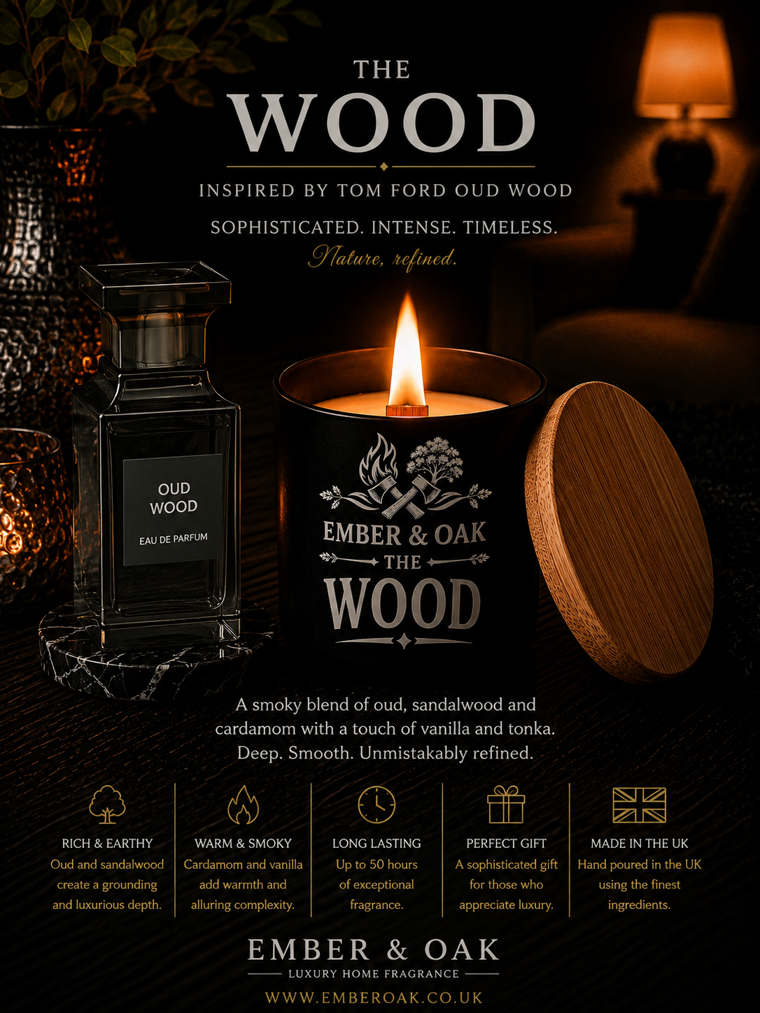 The Wood candle inspired by Oud Wood showing fragrance inspiration and product details