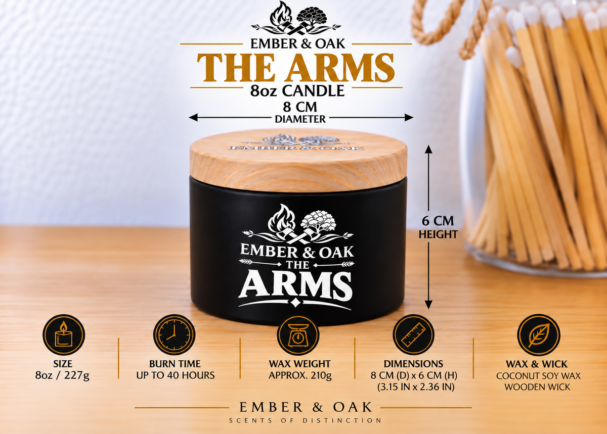     Ember & Oak The Arms 8oz candle showing dimensions, wax weight and product specifications