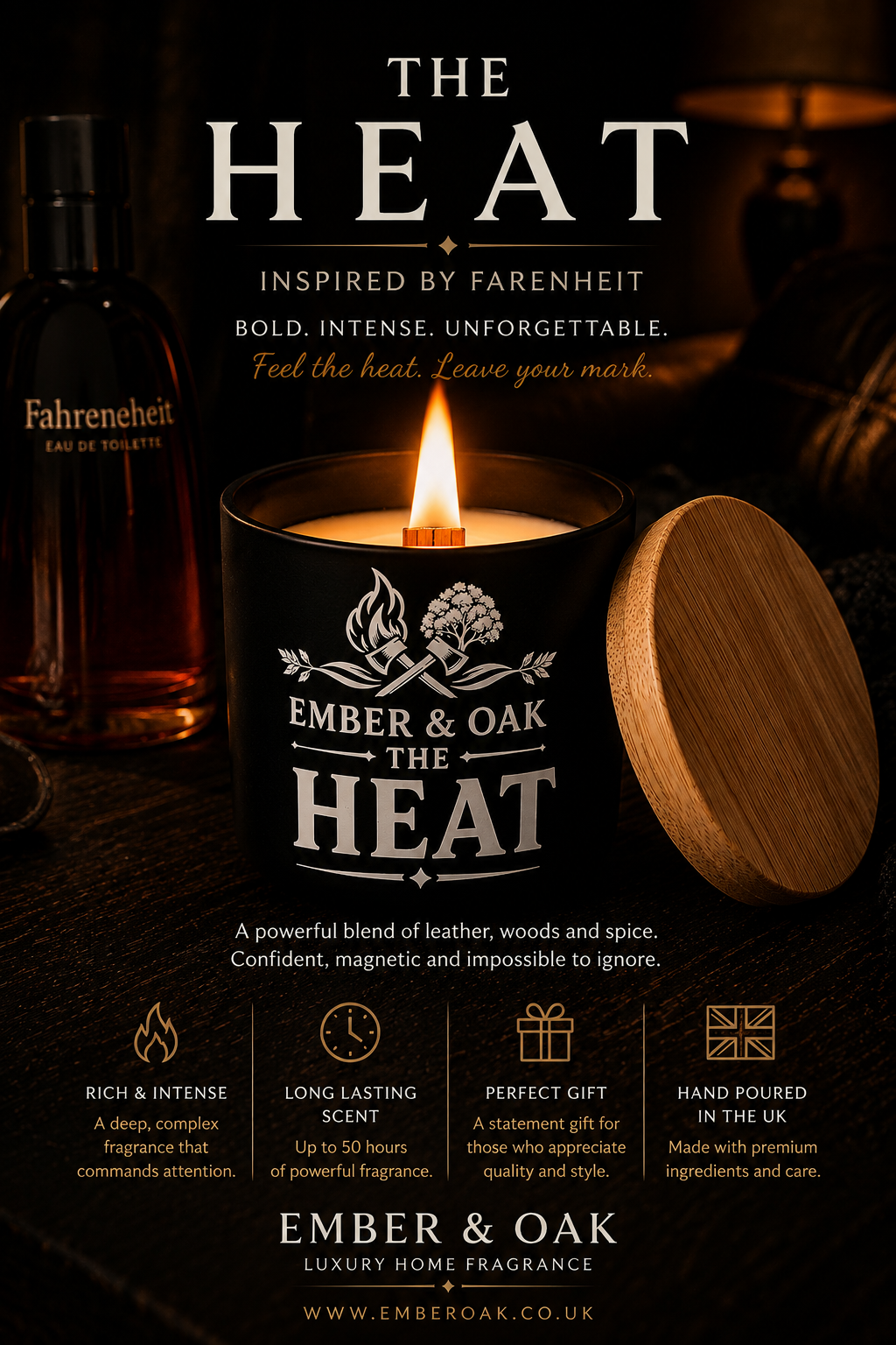 The Heat candle inspired by Fahrenheit showing fragrance inspiration and product details
