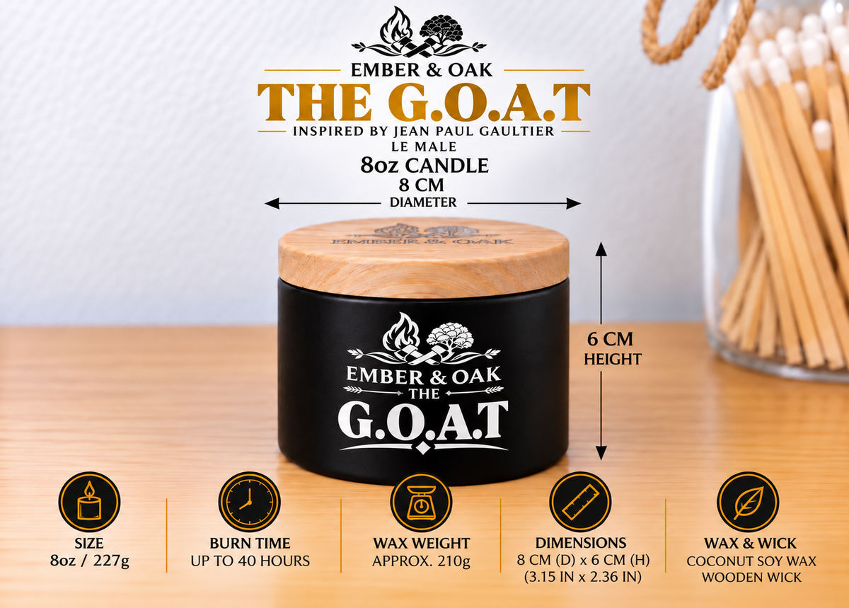     Ember & Oak The G.O.A.T 8oz candle showing dimensions, wax weight and product specifications