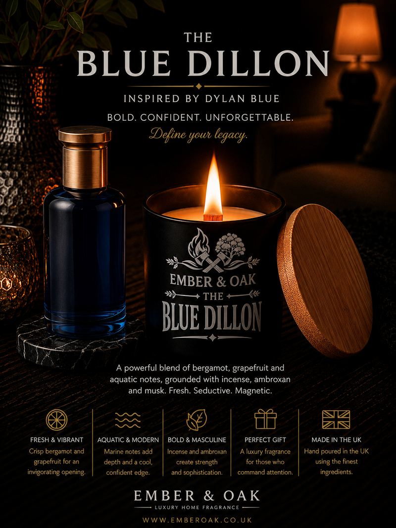 The Blue Dillon candle inspired by Dylan Blue showing fragrance inspiration and product details