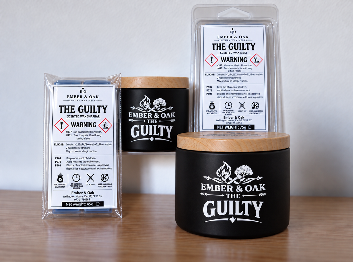     The Guilty candle, wax melt and snap bar displayed together with Ember & Oak packaging