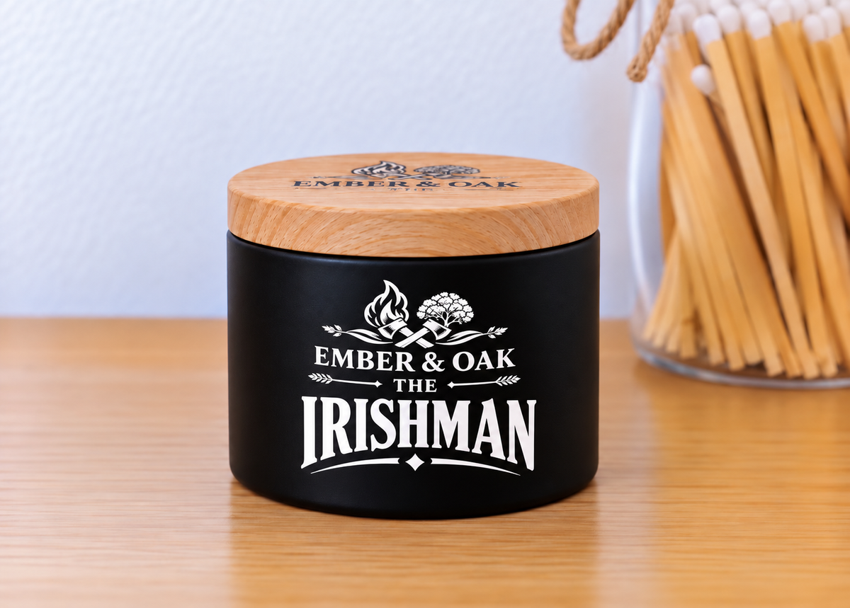     The Irishman 8oz luxury scented candle with wooden lid and Ember & Oak branding