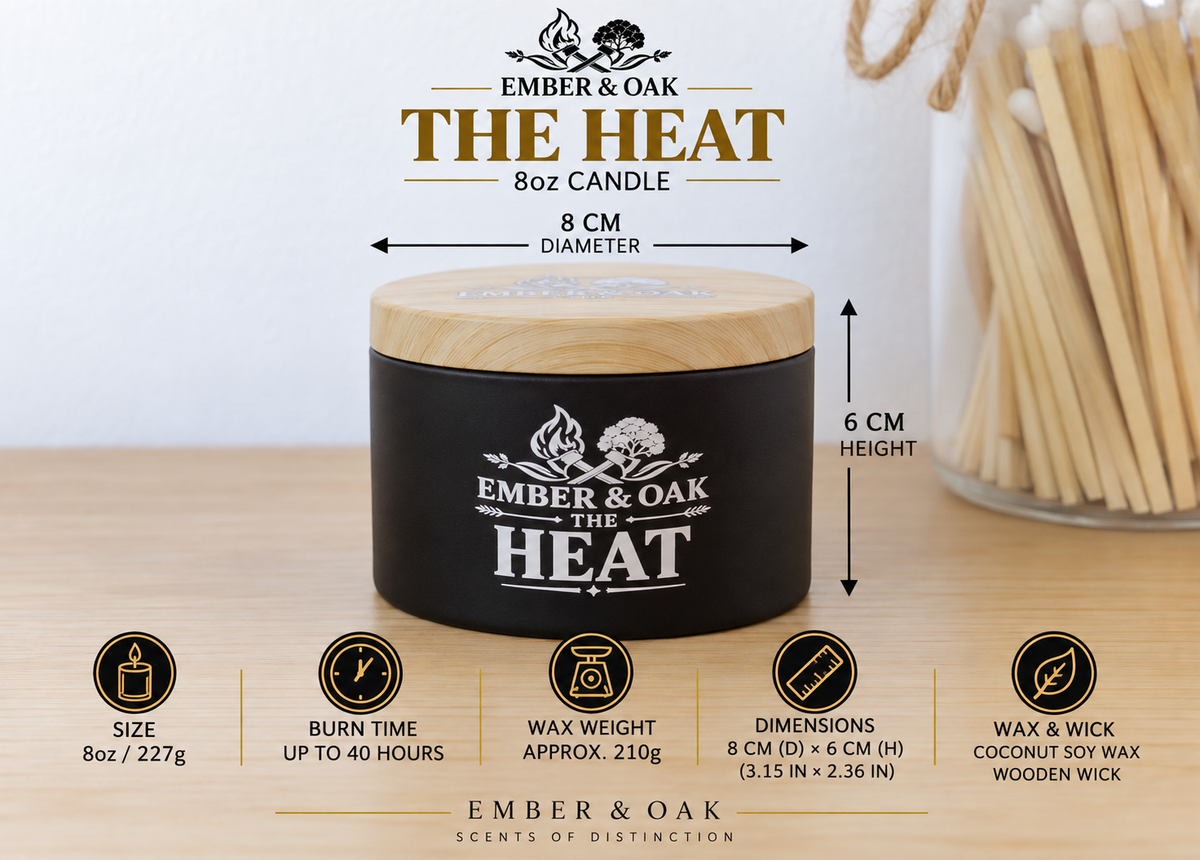     Ember & Oak The Heat 8oz candle showing dimensions, wax weight and product specifications
