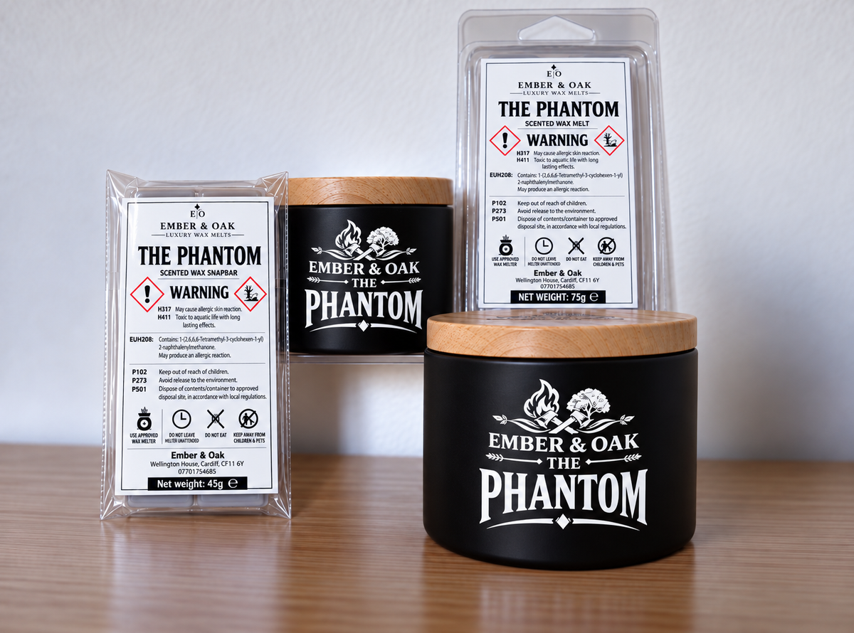     The Phantom candle, wax melt and snap bar displayed together with Ember & Oak packaging