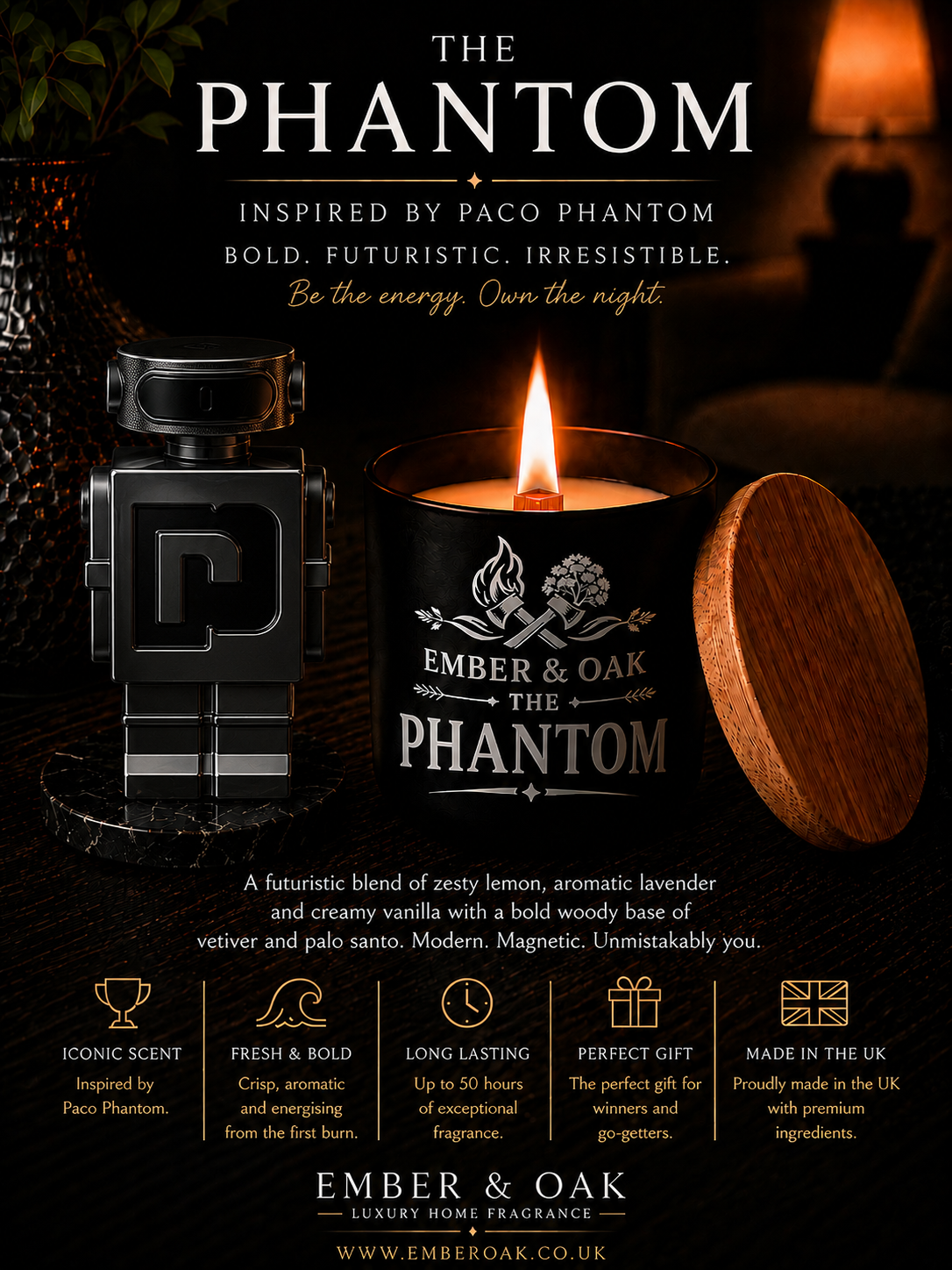 The Phantom candle inspired by Phantom showing fragrance inspiration and product details