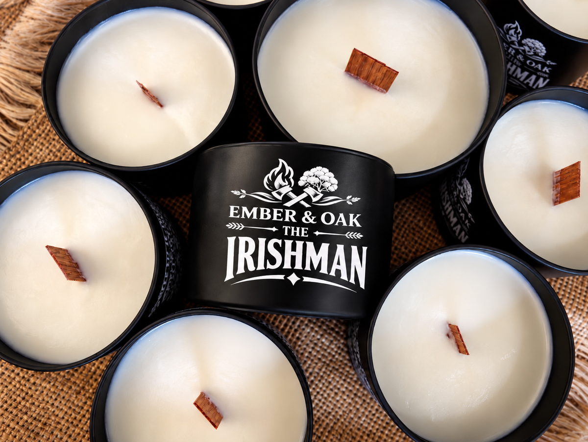     The Irishman luxury candle surrounded by multiple Ember & Oak candles