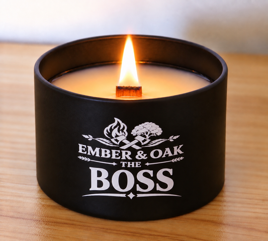     The Boss 8oz luxury scented candle burning with wooden wick and Ember & Oak branding