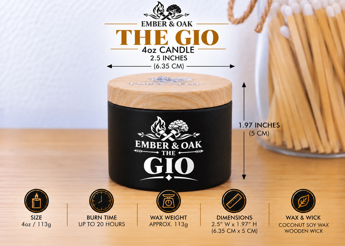 Ember & Oak The Gio 4oz candle showing dimensions, wax weight and product specifications