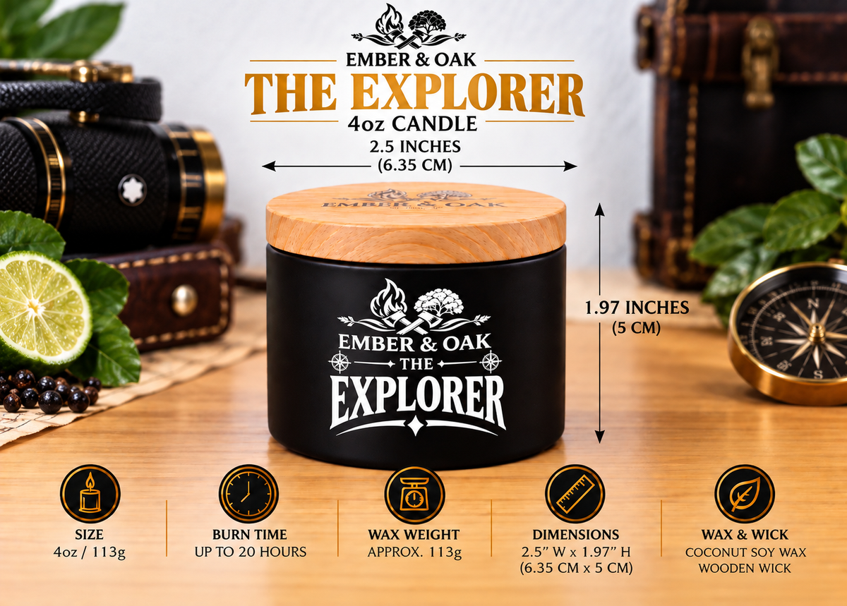     Ember & Oak The Explorer 4oz candle showing dimensions, wax weight and product specifications