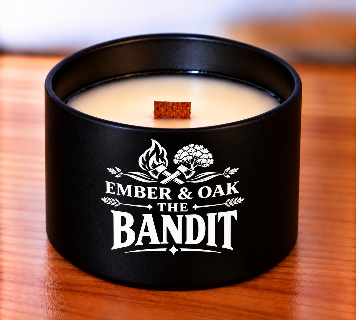     The Bandit 8oz candle showing coconut soy wax and wooden wick