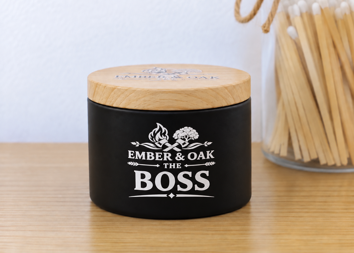     The Boss 8oz luxury scented candle with wooden lid and Ember & Oak branding