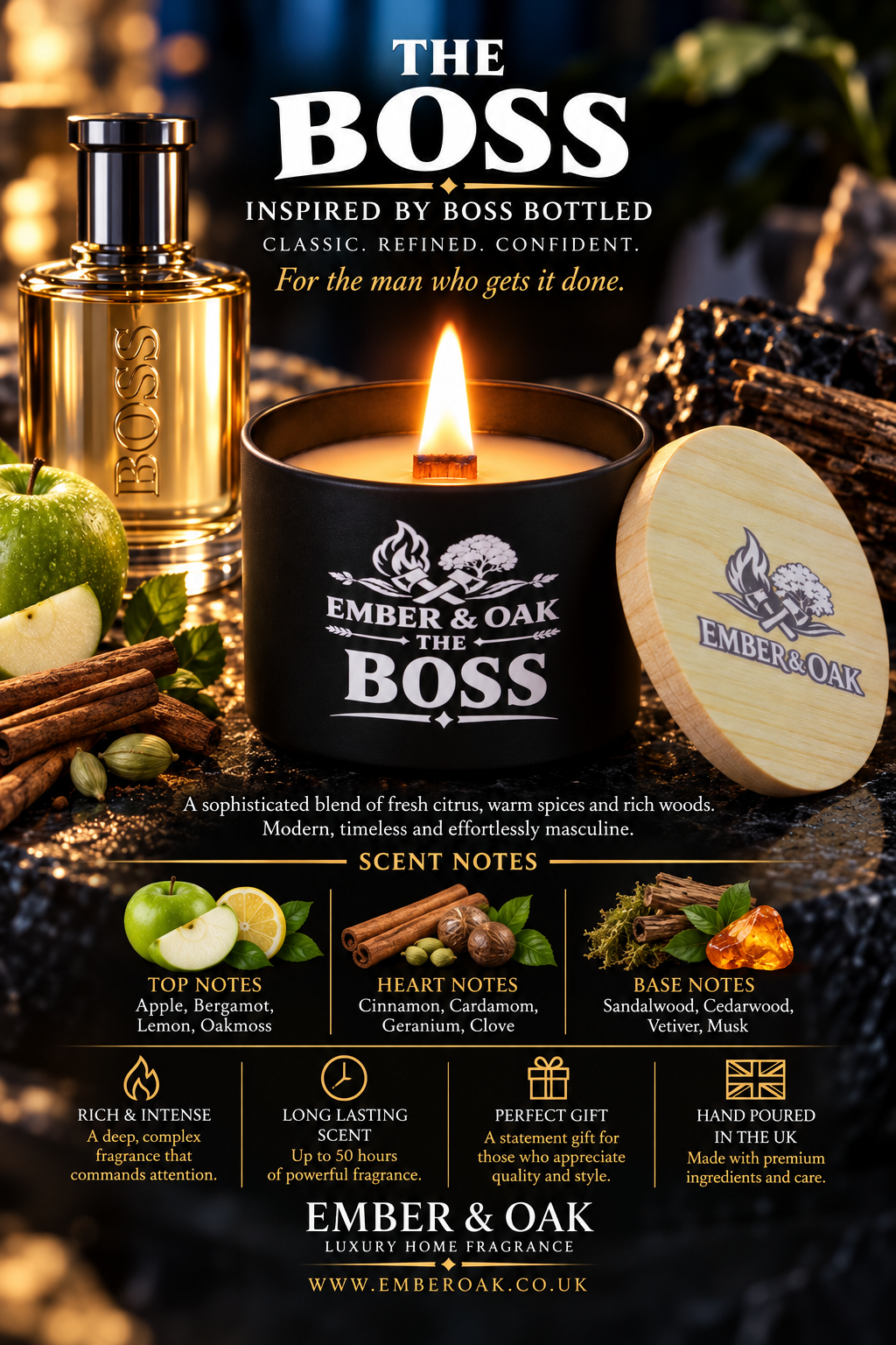     The Boss luxury candle with Boss Bottled-inspired fragrance imagery, scent notes and product details