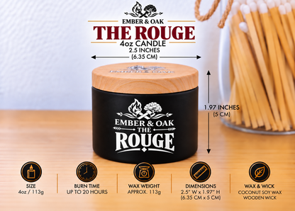     Ember & Oak The Rouge 4oz candle showing dimensions, wax weight and product specifications