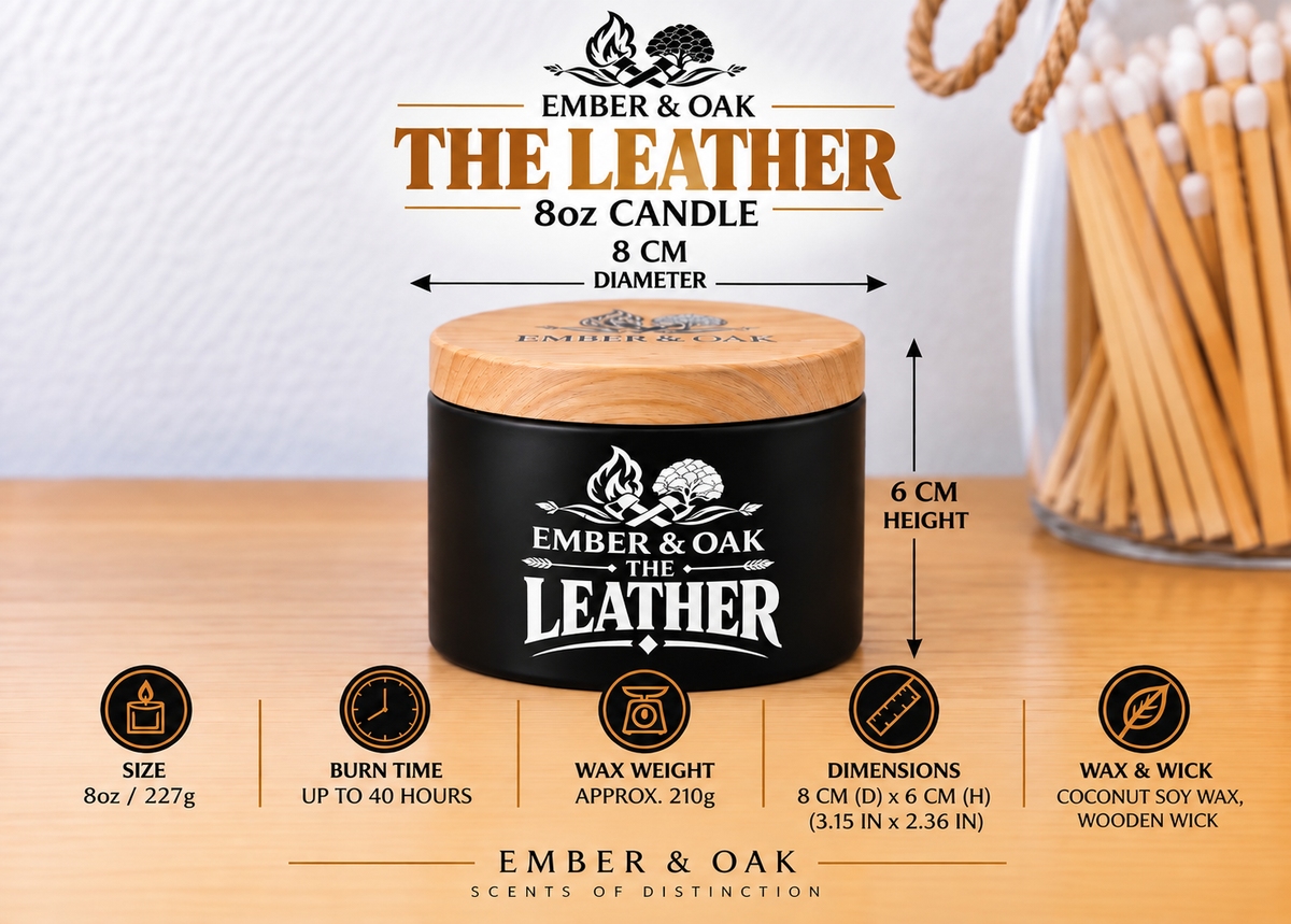 Ember & Oak The Leather 8oz candle showing dimensions, wax weight and product specifications