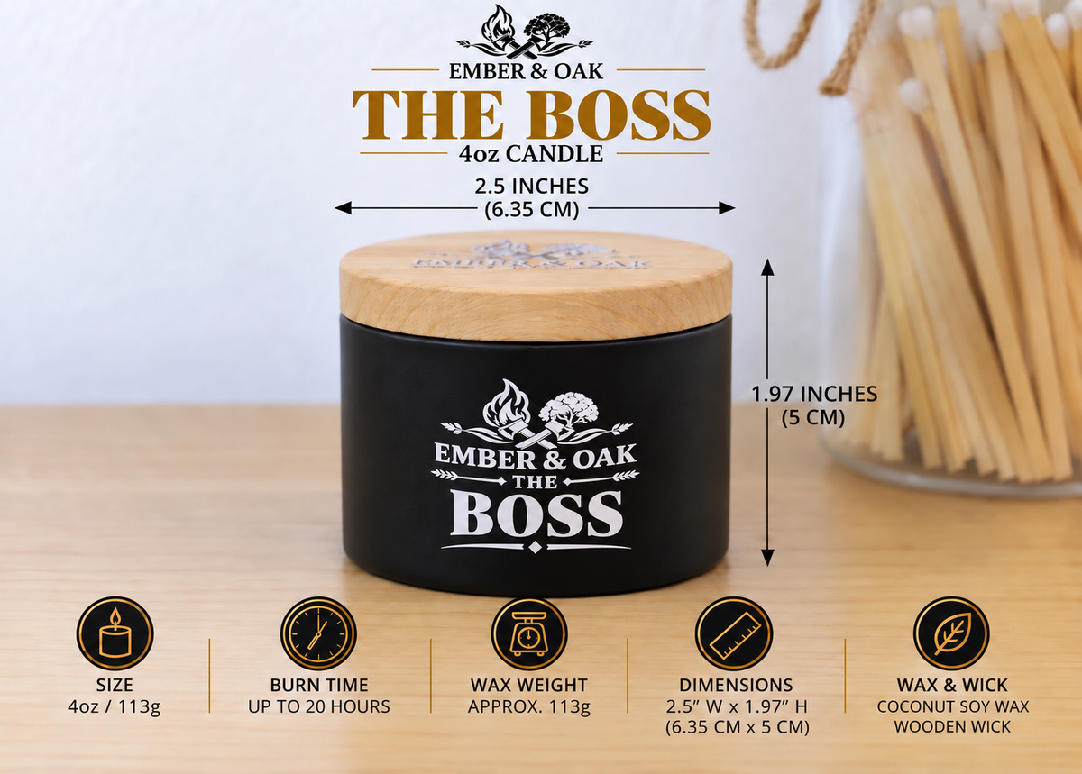     Ember & Oak The Boss 4oz candle showing dimensions, wax weight and product specifications