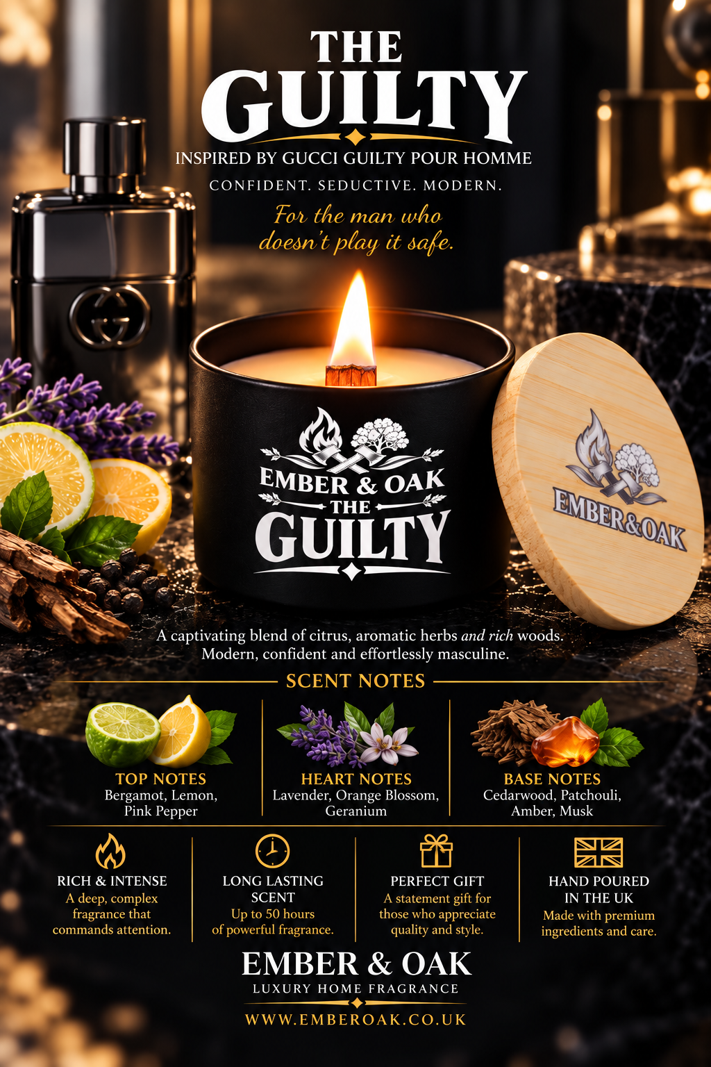    The Guilty luxury scented candle with fragrance-inspired imagery, wooden lid and scent notes