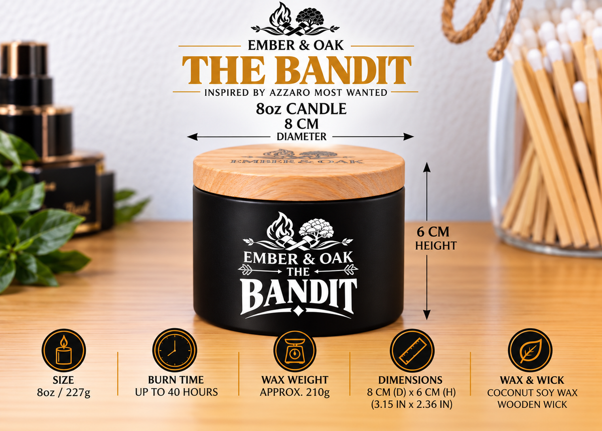     Ember & Oak The Bandit 8oz candle showing dimensions, wax weight and product specifications