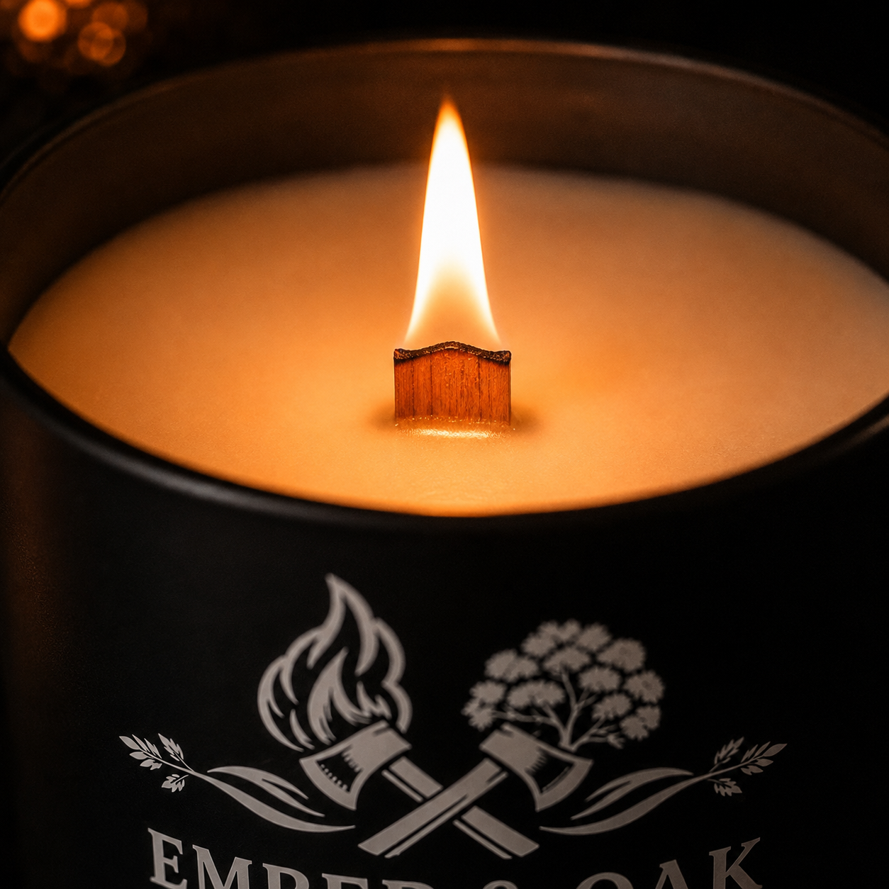 Ember & Oak luxury candle with a crackling wooden wick