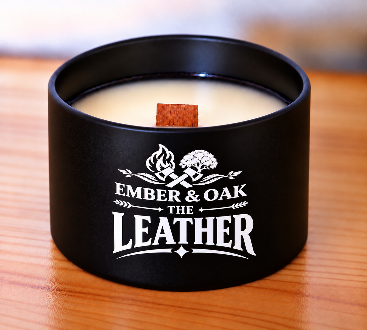 The Leather candle showing its coconut soy wax and wooden wick