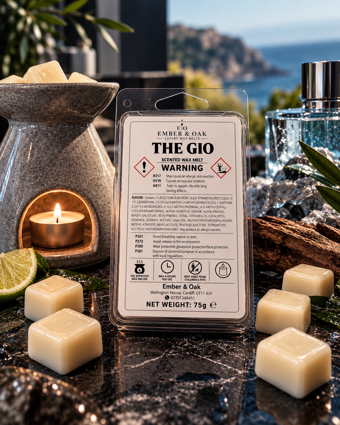     Ember & Oak The Gio luxury scented wax melt with wax melt burner and individual wax melts
