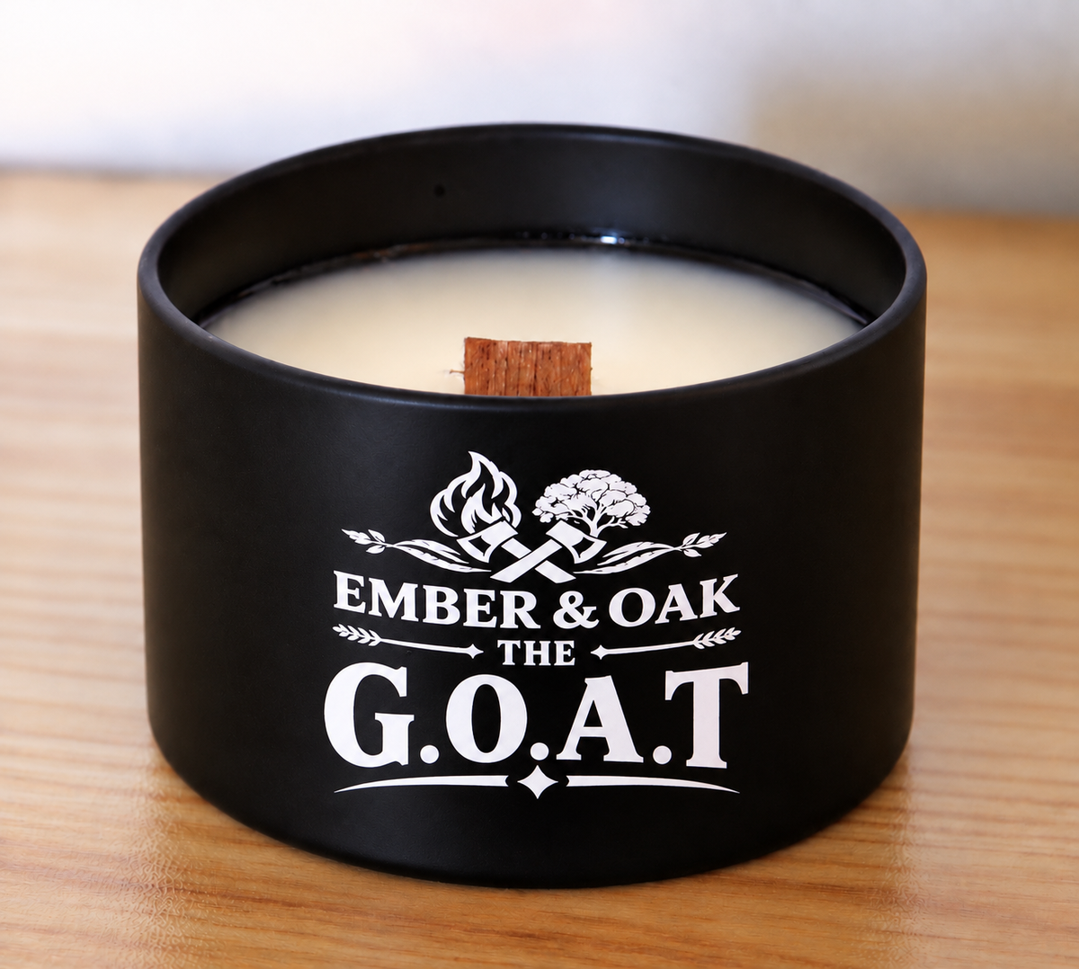     The G.O.A.T 8oz candle showing coconut soy wax and wooden wick
