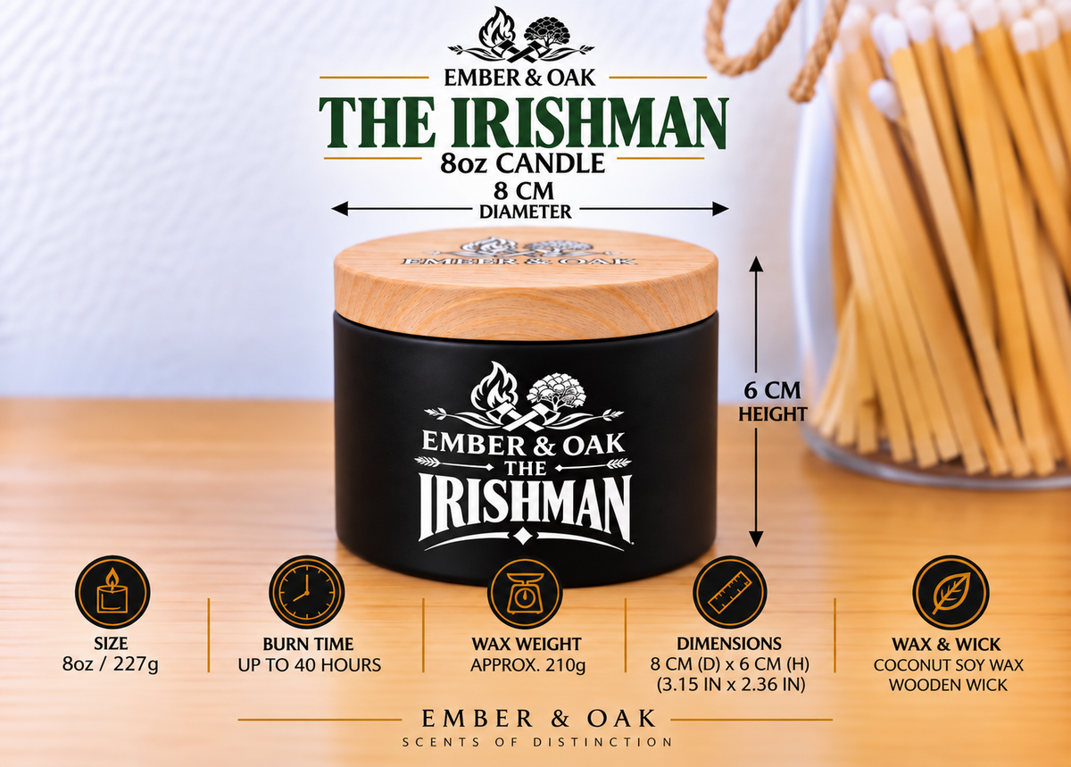     Ember & Oak The Irishman 8oz candle showing dimensions, wax weight and product specifications