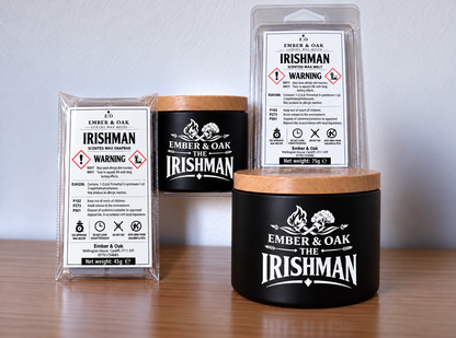     The Irishman candle, wax melt and snap bar displayed together with Ember & Oak packaging